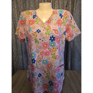 Tinker Bell Scrub Top Large Pink Short Sleeve V- Neck Excellent Condition!